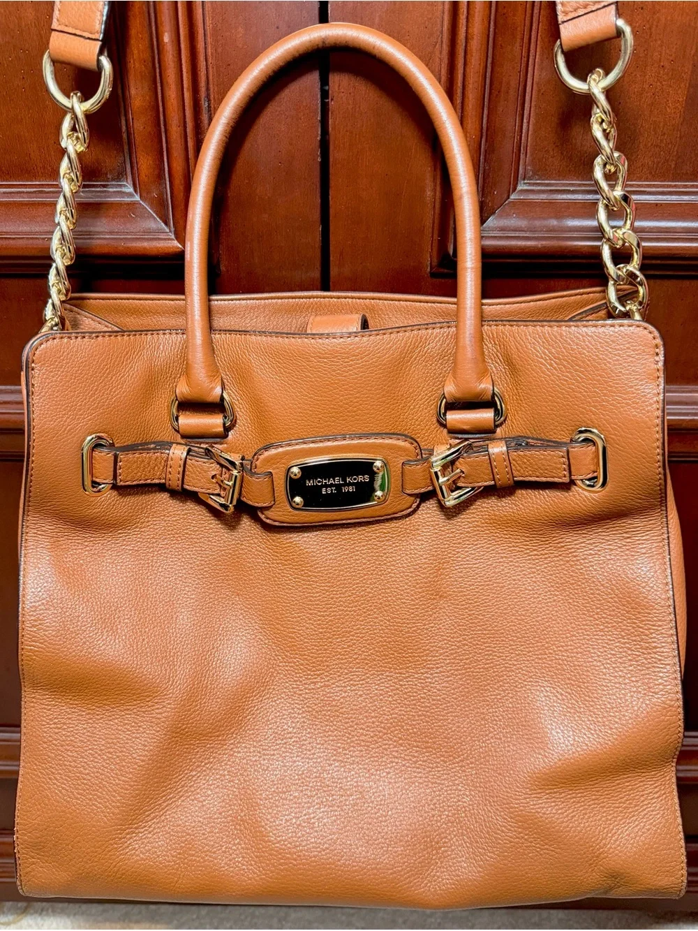Michael Kors Hamilton Large Leather Tote Satchel Bag- Brown